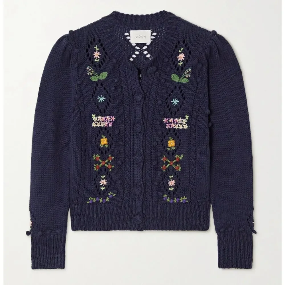 Doen Forget Me Not Cable Knit Floral Cardigan Navy Blue Size Small